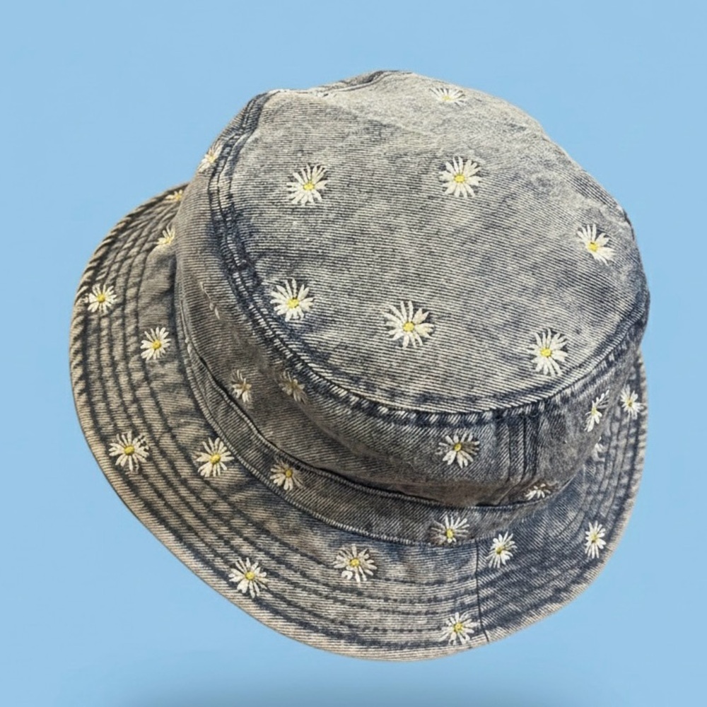 American Eagle Embroidered Flower Print Denim Bucket Hat - Picture 3 of 4
